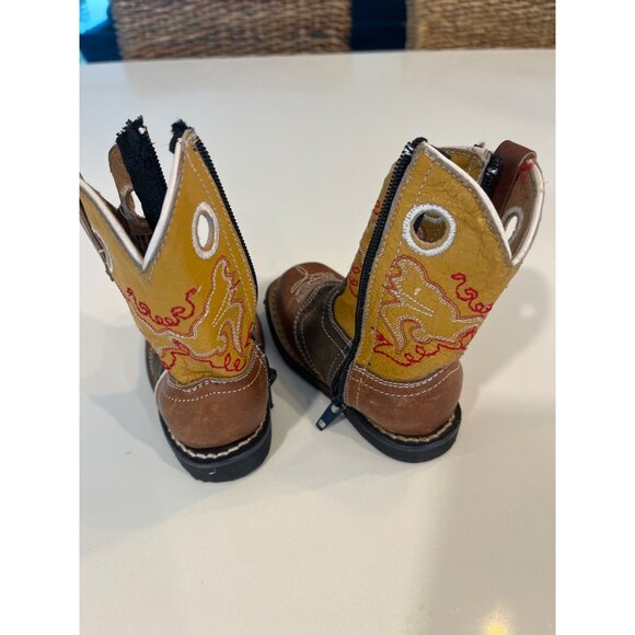 John Davis Toddler Cowboy Boots Brown & Yellow Leather Western Style Size 5 - Picture 6 of 6